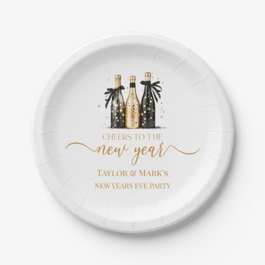 Zwarte Gouden Champagne Proost op Nieuwjaarsfeest Papieren Bordje (Voorkant)