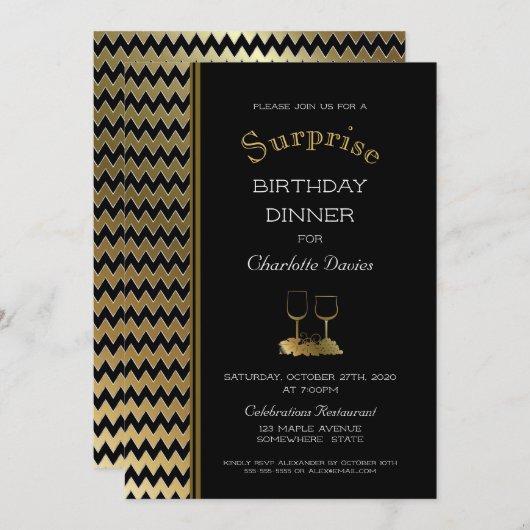 Zwarte Gouden Chevron Verrassingsverjaardagsdiner Kaart (Voorkant / Achterkant)