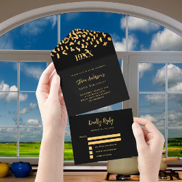 Zwarte gouden confetti jaar verjaardag rsvp all in one uitnodiging