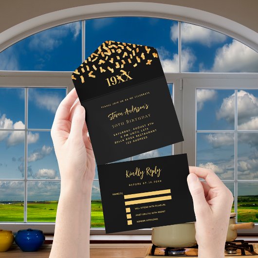 Zwarte gouden confetti jaar verjaardag rsvp all in one uitnodiging