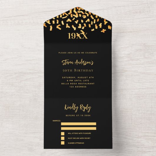 Zwarte gouden confetti jaar verjaardag rsvp all in one uitnodiging (Binnen)