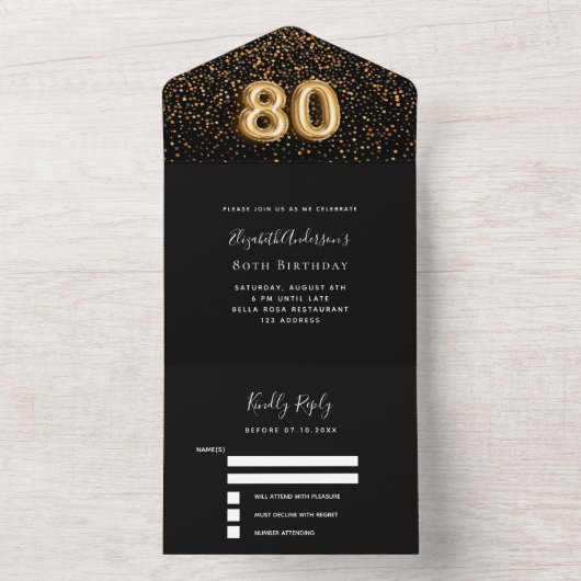 Zwarte gouden confetti RSVP 80ste verjaardag All In One Uitnodiging (Binnen)