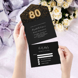 Zwarte gouden confetti RSVP 80ste verjaardag All In One Uitnodiging
