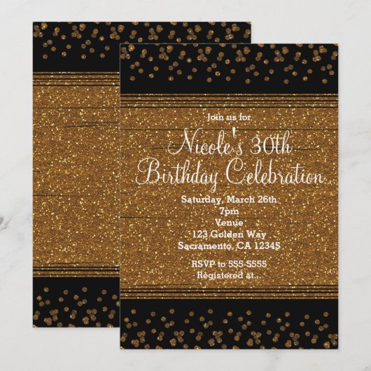 Zwarte & Gouden Confetti Stippen Glam Feest Uitnod Kaart (Voorkant / Achterkant)