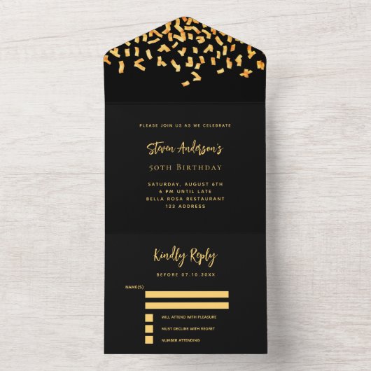 Zwarte gouden confetti verjaardag rsvp all in one uitnodiging (Binnen)