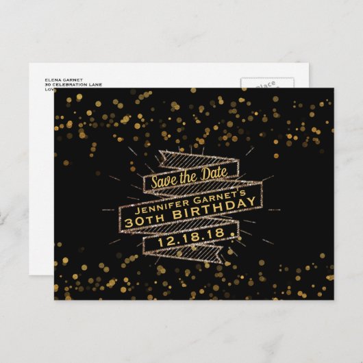 Zwarte Gouden Confetti Verjaardag Save the Date Aankondigingskaart (Voorkant / Achterkant)