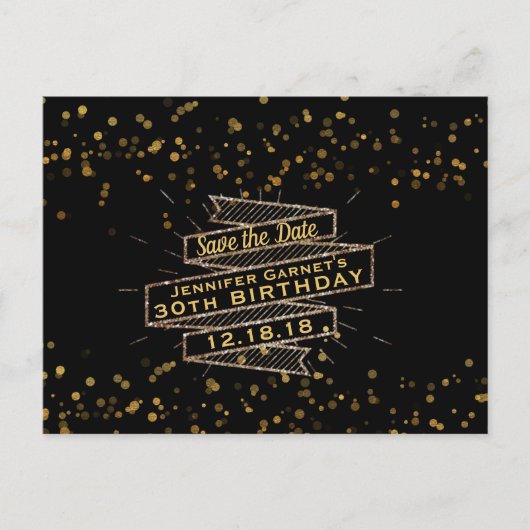 Zwarte Gouden Confetti Verjaardag Save the Date Aankondigingskaart (Voorkant)