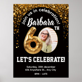 Zwarte Gouden Confetti Verjaardagsuitnodiging 60st Poster