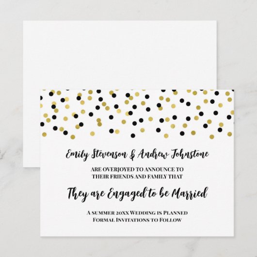 Zwarte Gouden Confetti Verlovingsaankondiging Aankondigingskaart (Voorkant / Achterkant)