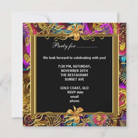  zwarte gouden Damask Birthday Party Kaart (Achterkant)