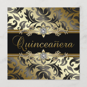 Zwarte Gouden Damast Quinceanera Uitnodigingen
