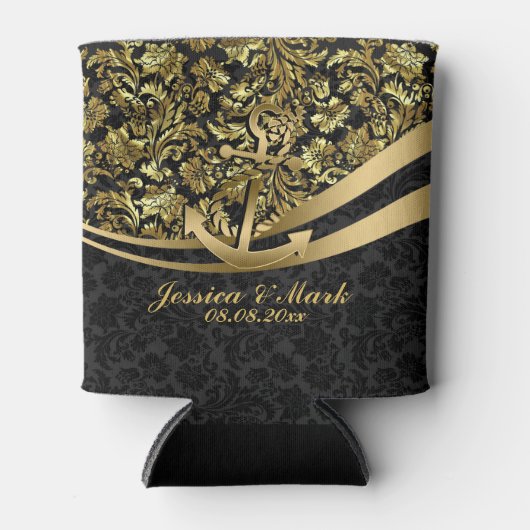 Zwarte & Gouden Damasten met ZeevaartAnker Blikjeskoeler (Voorkant)