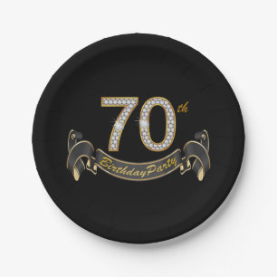 Zwarte Gouden Diamant 70e Verjaardagsfeestje Papieren Bordje