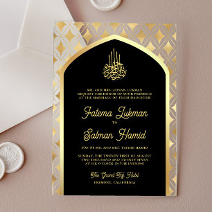 Zwarte Gouden Diamanten Boog Moslim Trouwdag Acryl Uitnodigingen