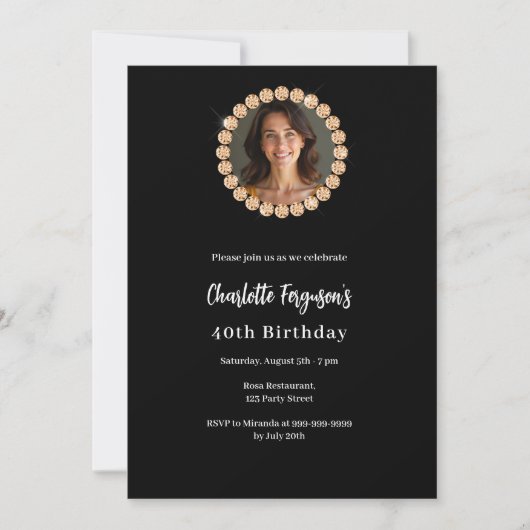 Zwarte gouden diamanten verjaardagsfeest foto kaart (Voorkant)