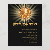 Zwarte gouden disco feest verjaardagsuitnodiging (Voorkant)
