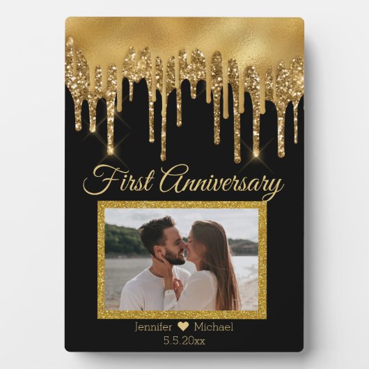 zwarte gouden druppelaar eerste verjaardag fotoplaat (voorkant)