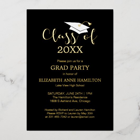 Zwarte gouden einfeest voor middelbare scholieren  folie uitnodiging (Voorkant)