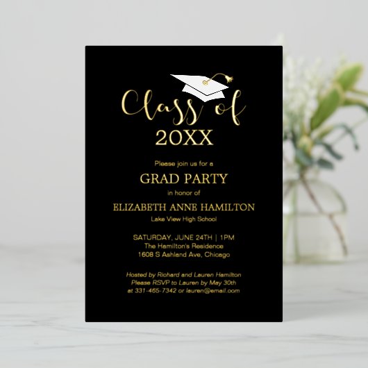 Zwarte gouden einfeest voor middelbare scholieren  folie uitnodiging (Staand Voorkant)