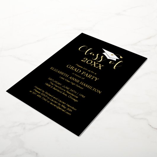 Zwarte gouden einfeest voor middelbare scholieren  folie uitnodiging (Gedraaid)