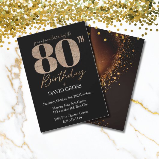 Zwarte & Gouden Elegante 80ste Verjaardagsuitnodig Kaart