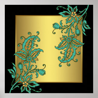 Zwarte Gouden Elegante Bloemstukken Muur Kunstprin Poster