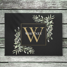 Zwarte Gouden Elegante Monogram Groene planten Deurmat