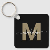 Zwarte Gouden Elegante Naam Monogram Sleutelhanger (Voorkant)
