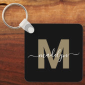 Zwarte Gouden Elegante Naam Monogram Sleutelhanger (Voorkant)