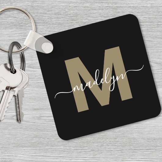 Zwarte Gouden Elegante Naam Monogram Sleutelhanger