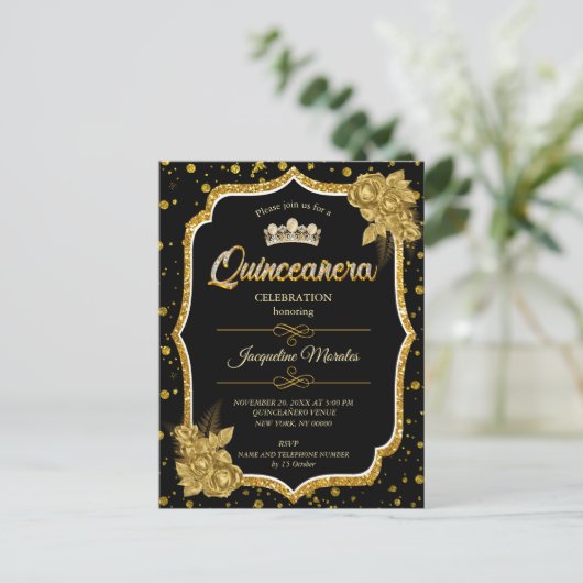 Zwarte gouden en witte Quinceañera-verjaardagsuitn Briefkaart (Staand voorkant)