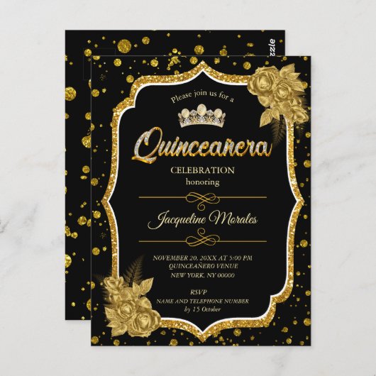 Zwarte gouden en witte Quinceañera-verjaardagsuitn Briefkaart (Voorkant / Achterkant)