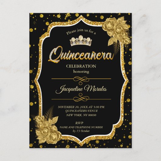 Zwarte gouden en witte Quinceañera-verjaardagsuitn Briefkaart (Voorkant)