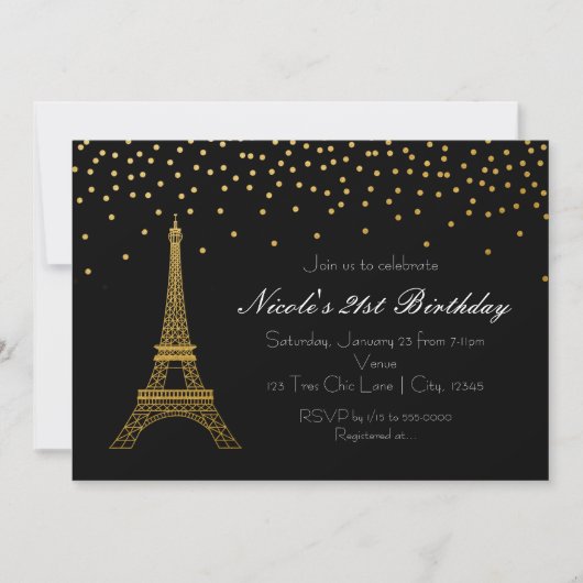 Zwarte & Gouden Feest Uitnodigingen voor de Eiffel (Voorkant)