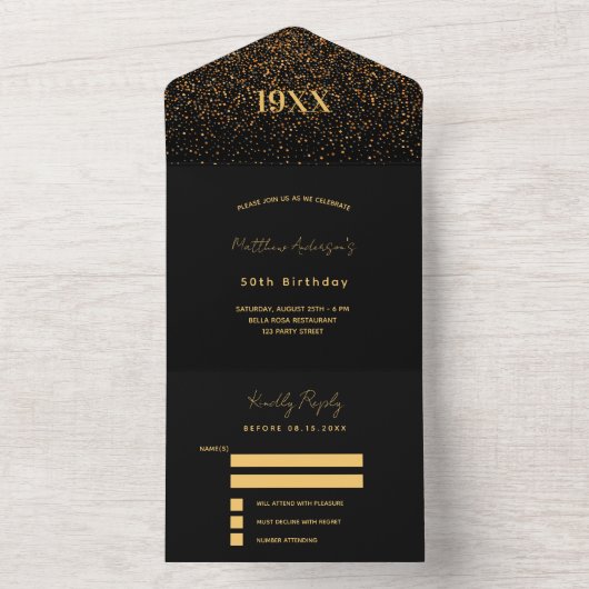 Zwarte gouden feestdag RSVP All In One Uitnodiging (Binnen)