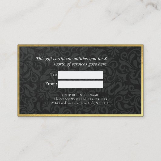 Zwarte & gouden Floral Damask Linen Gift Certifica Kortingskaartje (Achterkant)