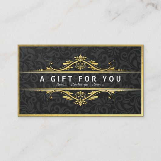Zwarte & gouden Floral Damask Linen Gift Certifica Kortingskaartje (Voorkant)