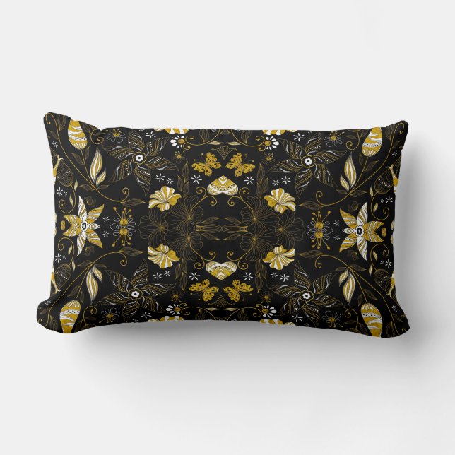  zwarte gouden florale achtergrond kussen (Voorkant)
