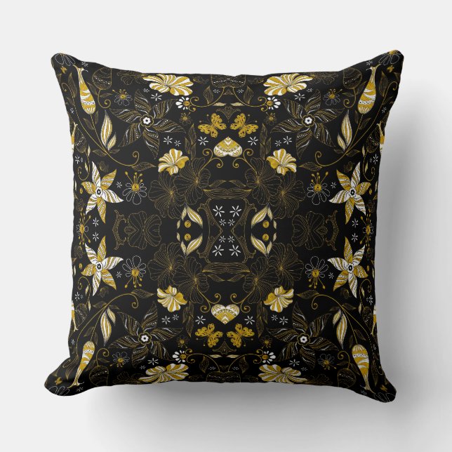  zwarte gouden florale achtergrond kussen (Voorkant)