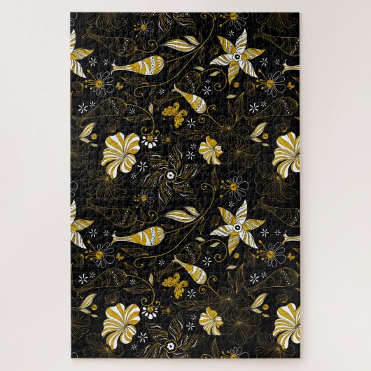 zwarte gouden florale achtergrond legpuzzel (Verticaal)