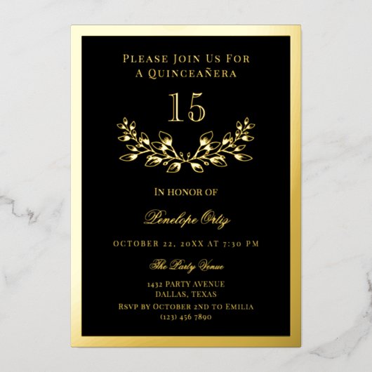 Zwarte & gouden folie krans Quinceañera Folie Uitnodiging (Voorkant)
