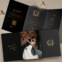 Zwarte Gouden Foto QR Code RSVP Details Bruiloft Drieluik Kaart