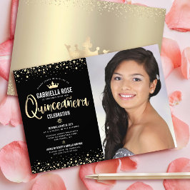 Zwarte Gouden Foto Quinceañera Glitter Tiara Meisj Kaart