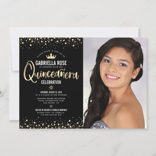 Zwarte Gouden Foto Quinceañera Glitter Tiara Meisj Kaart (Voorkant)
