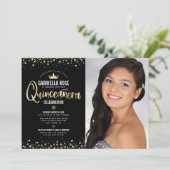 Zwarte Gouden Foto Quinceañera Glitter Tiara Meisj Kaart (Staand voorkant)
