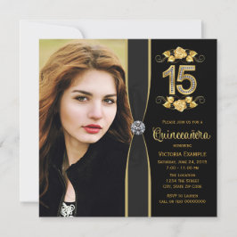 Zwarte Gouden Foto Quinceanera Kaart