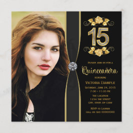Zwarte Gouden Foto Quinceanera Kaart