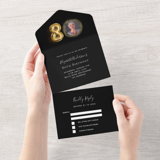 Zwarte gouden foto uitnodiging 80ste verjaardag RS (Afscheurbaar)