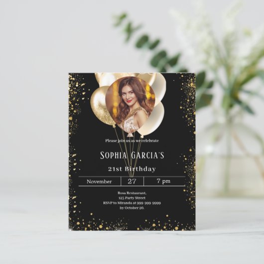 Zwarte gouden fotoballonnen verjaardagsuitnodiging (Staand voorkant)