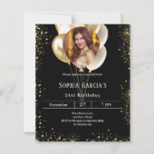 Zwarte gouden fotoballonnen verjaardagsuitnodiging (Voorkant)